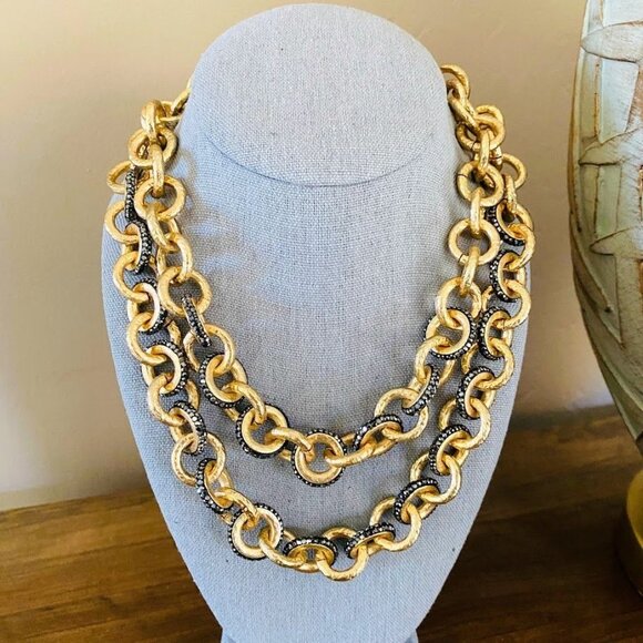 Chico’s Double Strand Textured Gold Link Necklace w/ Black Crystal Accents – 17” - Picture 5 of 5
